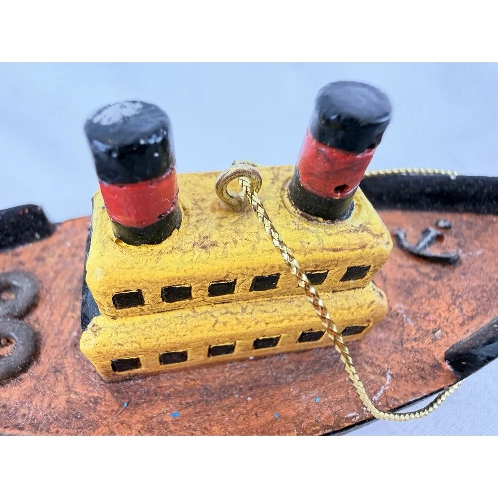 Vintage Hand Carved Wood Tugboat Ornament Folk Art‎ Nautical Boat